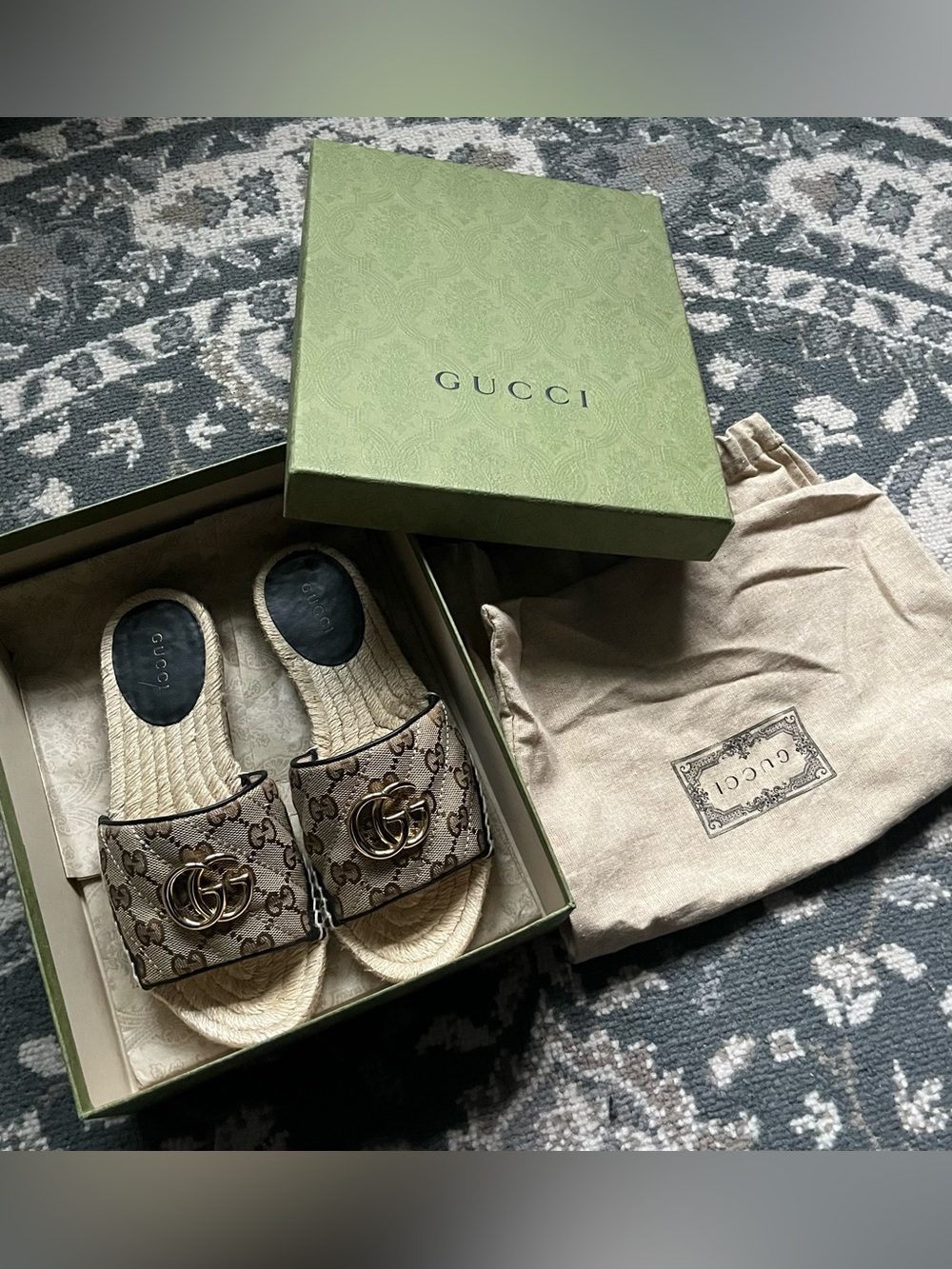 Gucci GG Canvas Espadrille Slide Sandals with Gold Hardware - LIKE NEW
